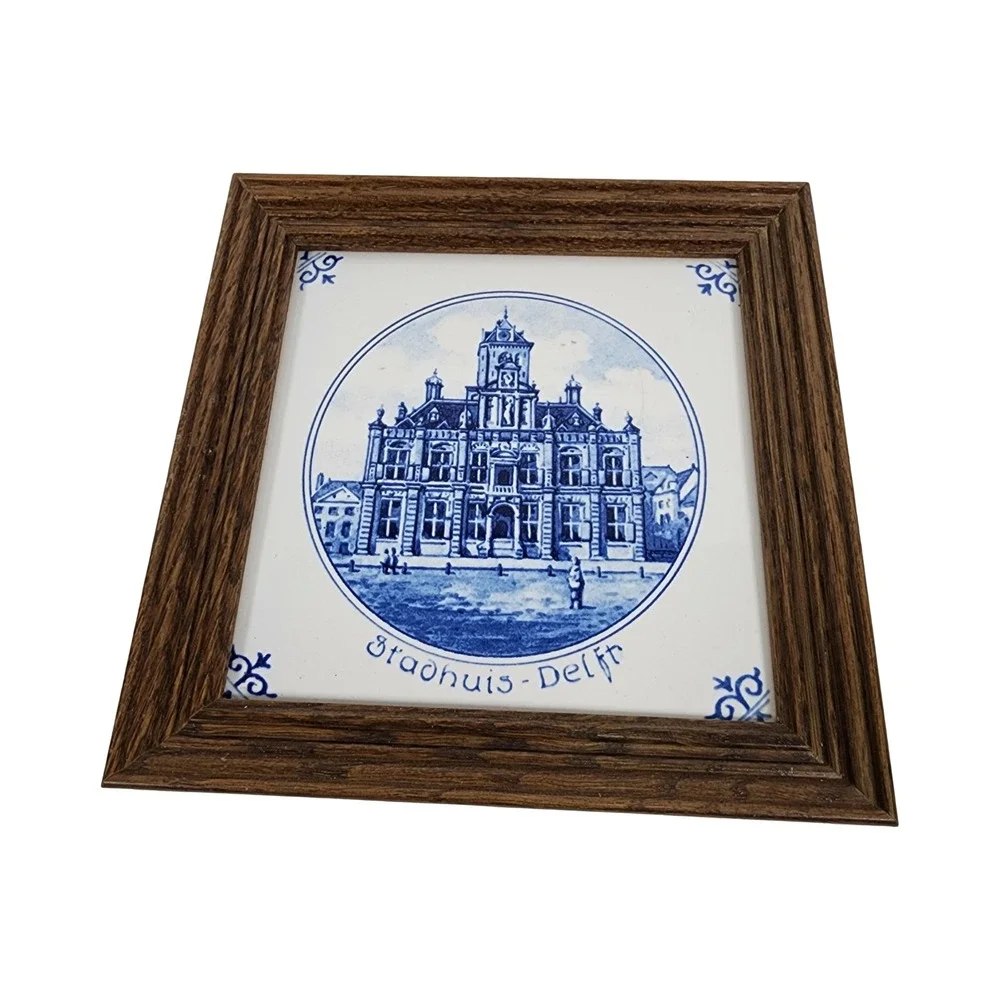 Vintage Framed Delft Blue Stadhuis Delft Holland Ceramic Tile‎ Wall Art 7.25in